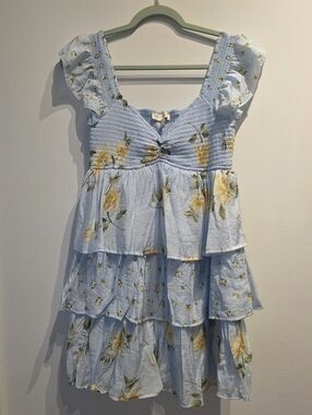 Thirty Thirty- Light Blue Floral Tiered Sundress with Yellow Roses